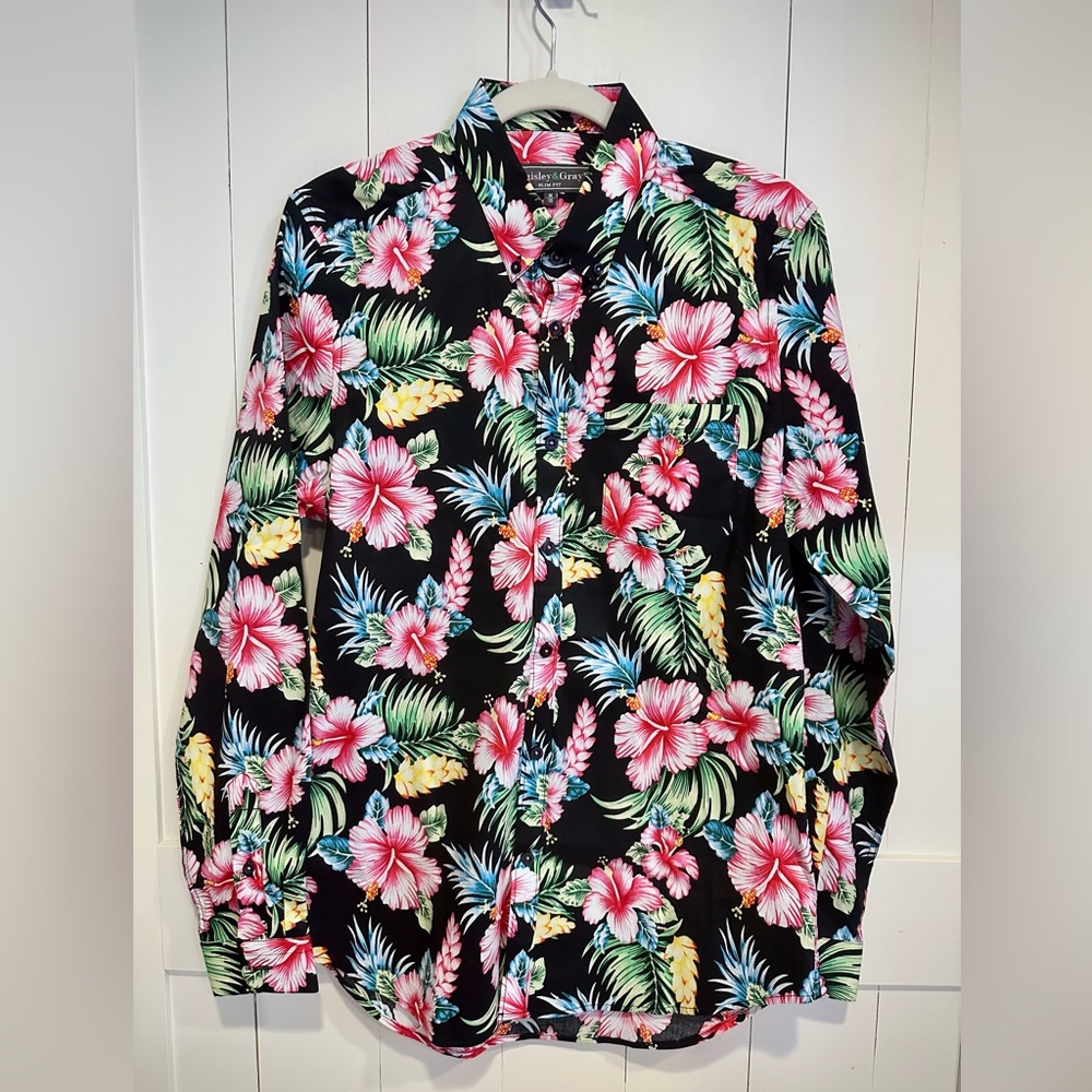 Paisley & Gray Slim Fit Hawaiian Floral Button Down Shirt M Tropical Hibiscus